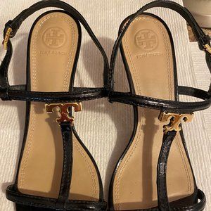 Tory Burch Logo Saffiano T-Strap Heels, Size 9